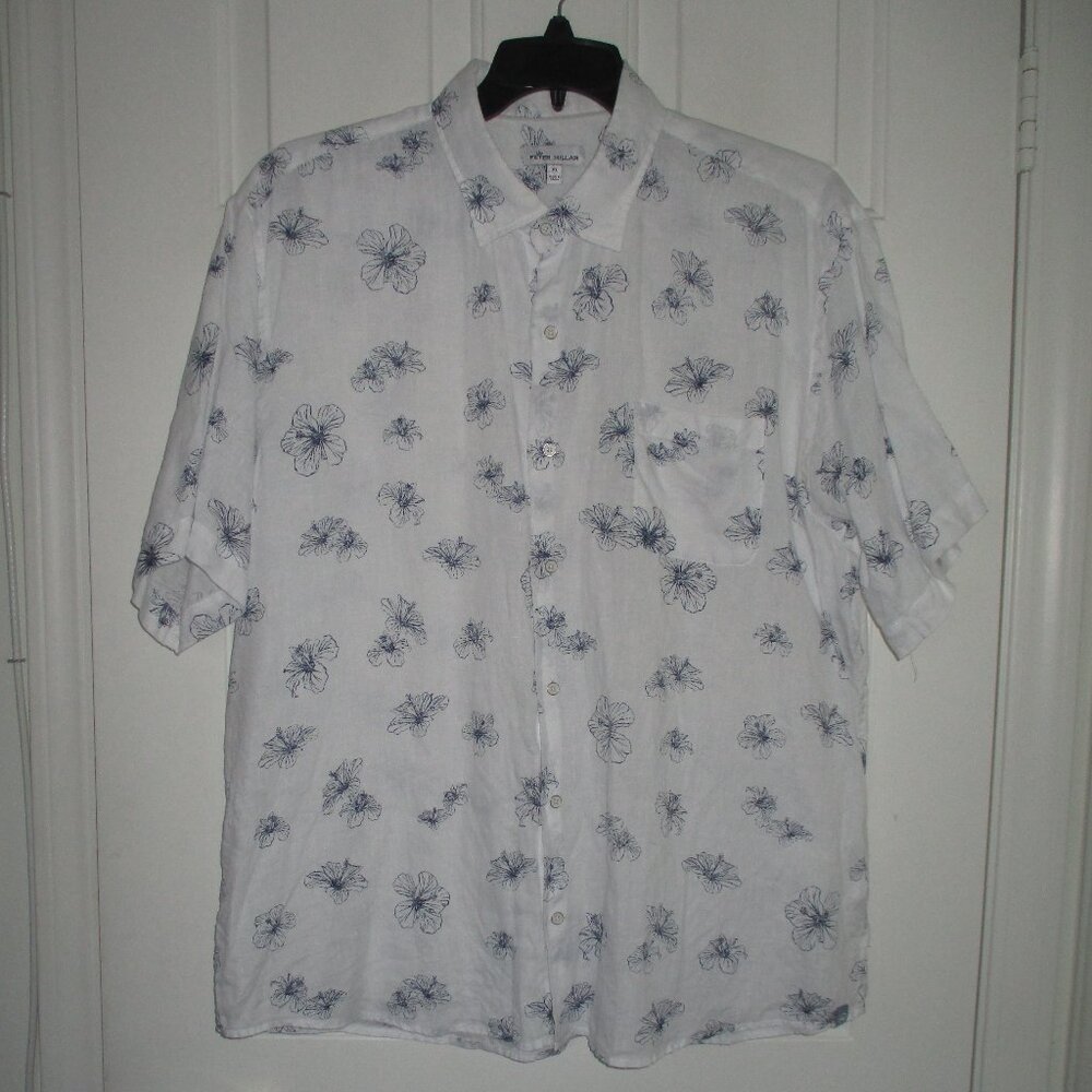 Peter Millar Mens S/S White Linen Casual Hawaiian Resortwear Shirt - Size XL